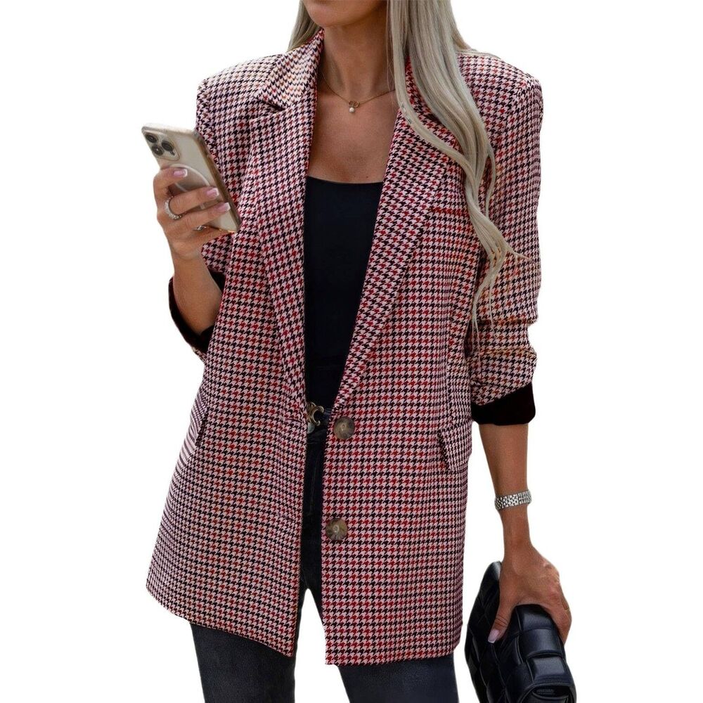 Notch Lapel Button Plaid Work Office Jacket Wool Pea Coat, XL, 19CC-200T001